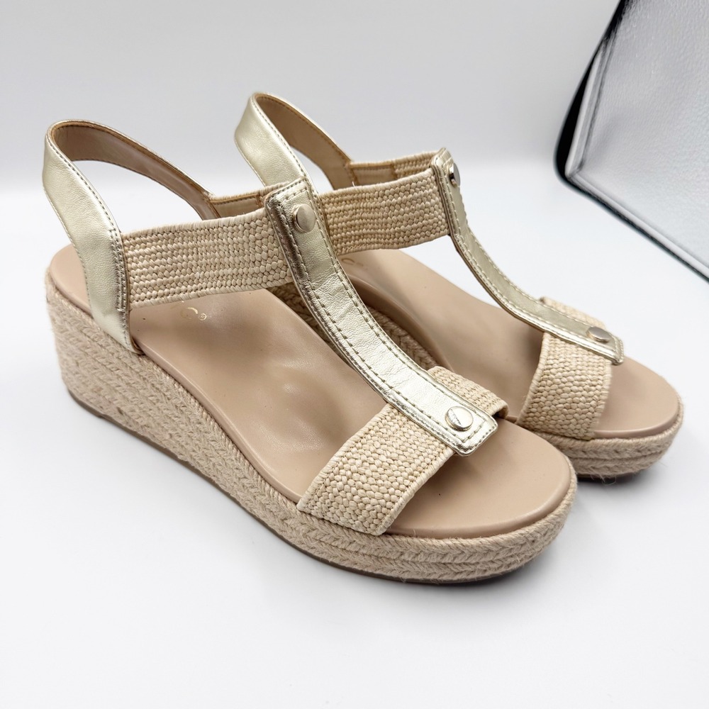 Vionic Calera Gold Metallic Leather Espadrille Wedge Sandals T-Strap Womens 11